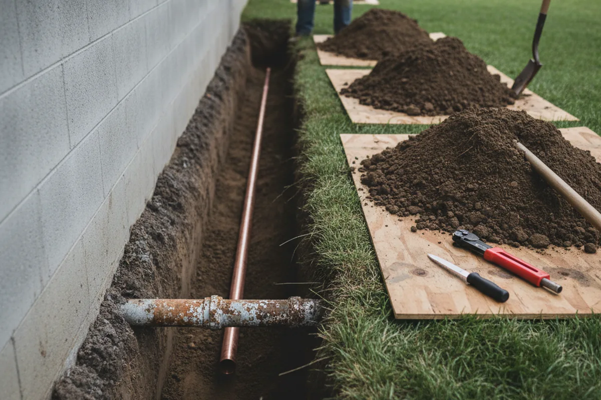 Excavated water line trench during Water Softener Installation in Hartford